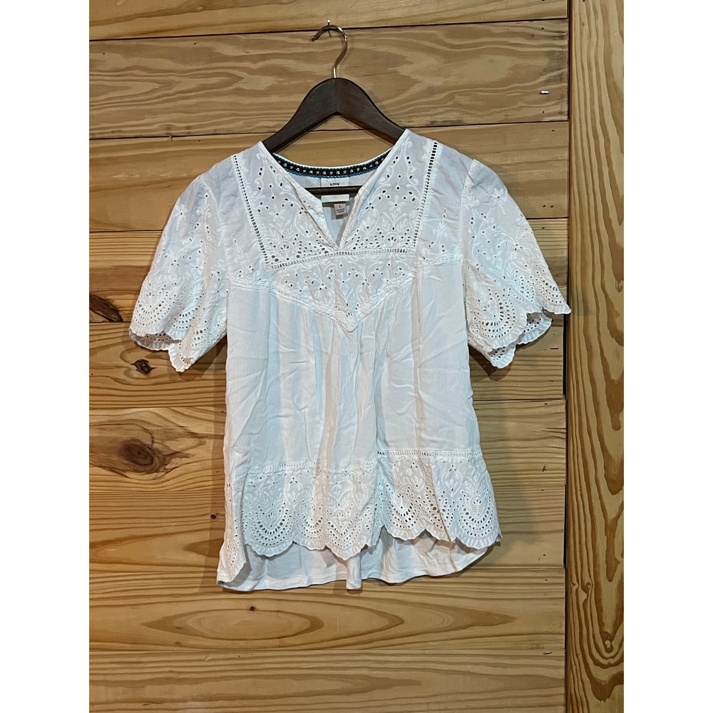 Knox Rose Blouse Size L Short Sleeve Embroidered Eyelet Peasant Top White Boho